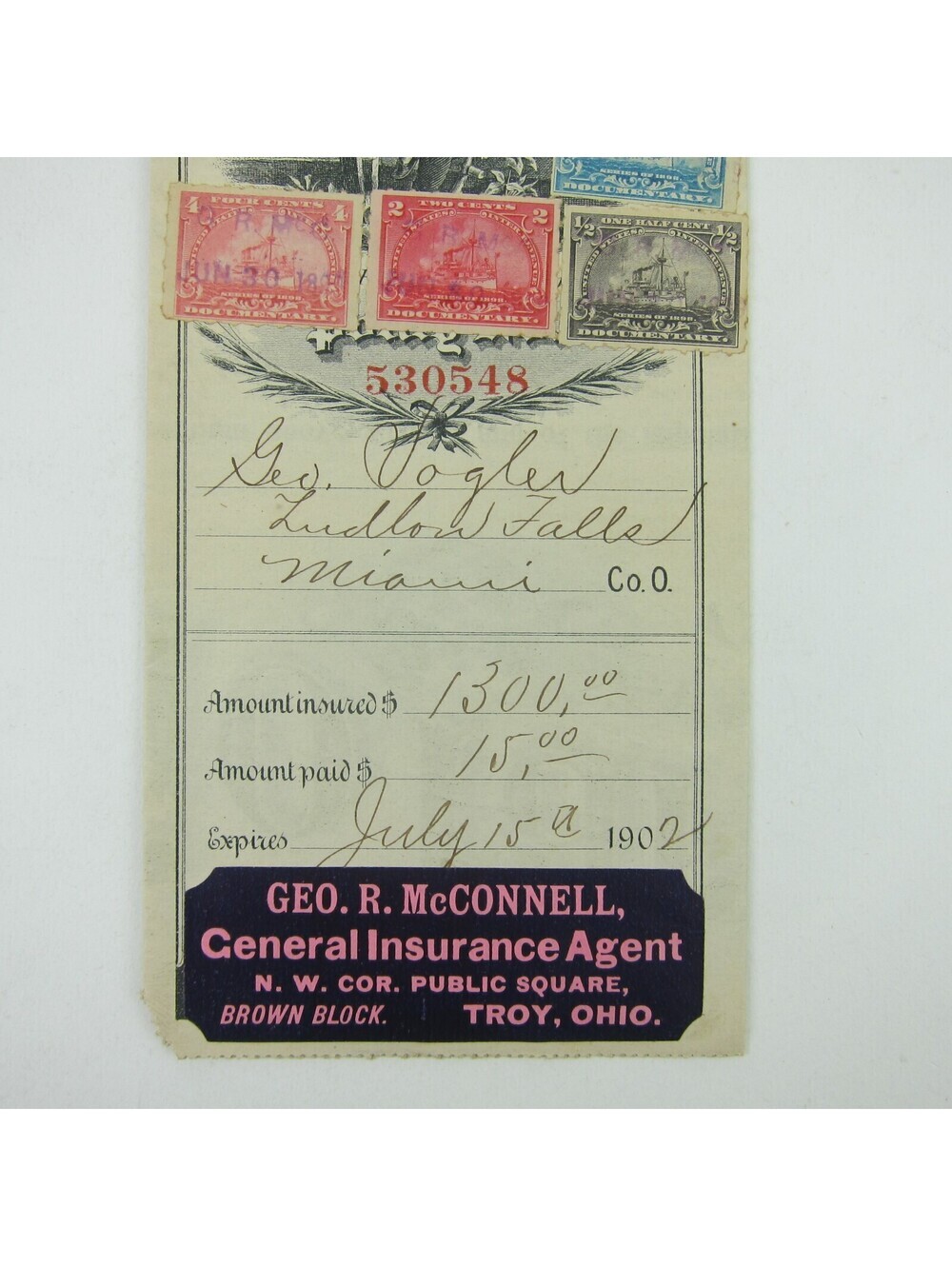 1902 Ohio Farmers Insurance Policy Le Roy Scott R162, R163, R164, R166 Tax Stamp - Picture 3 of 13